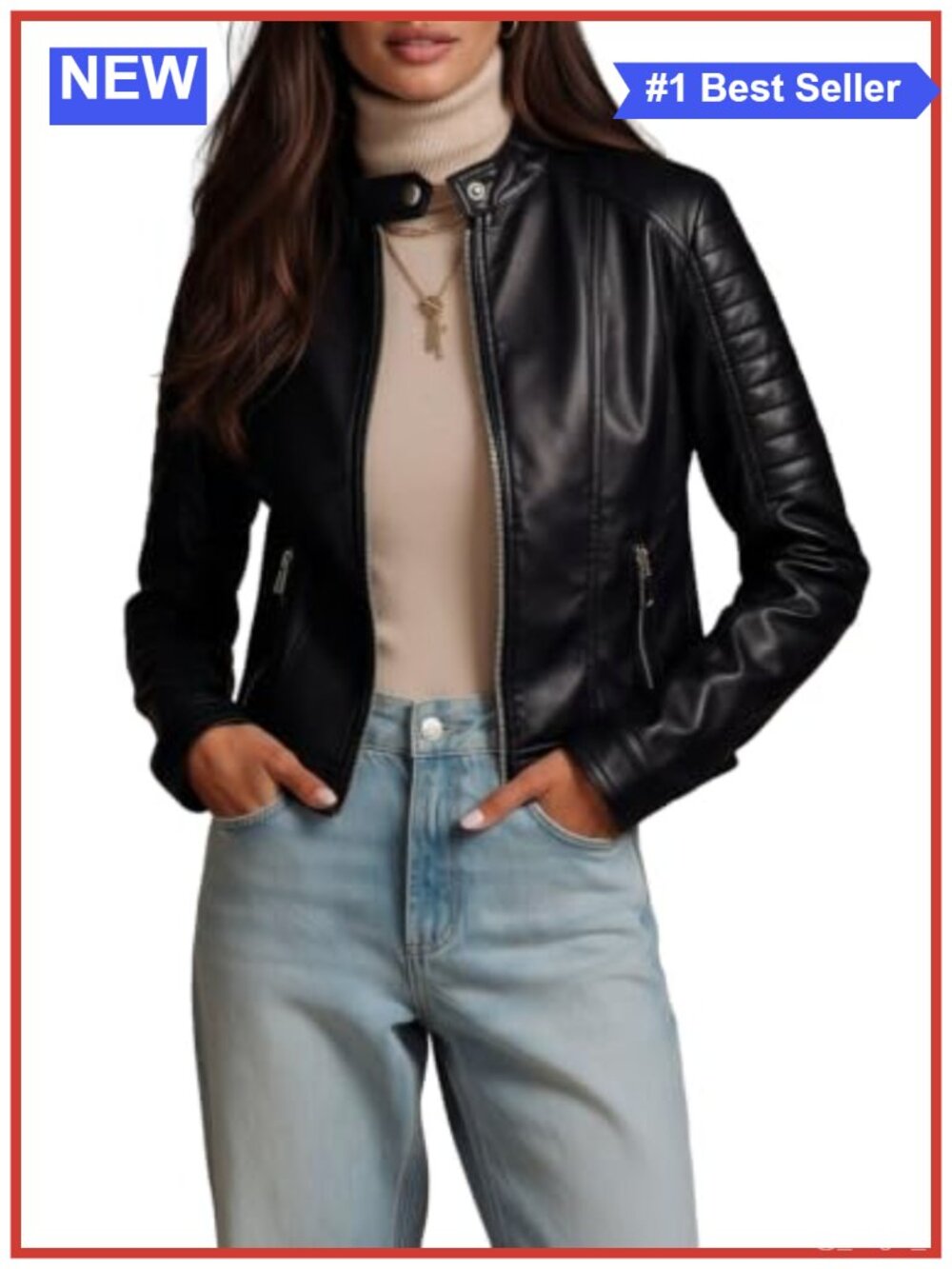 Faux Leather Motorcycle Jacket Stand Collar Zip Up Moto